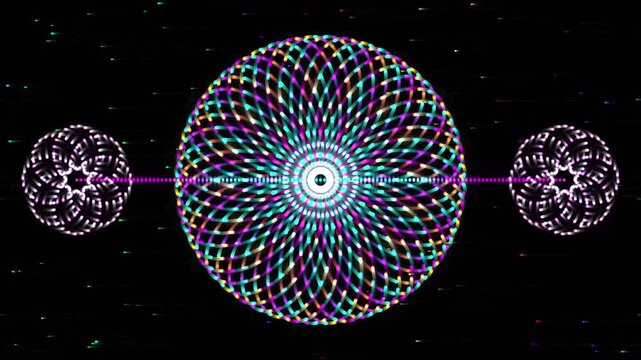 Colorful geometric mandala in motion  video with glowing particles against black background.