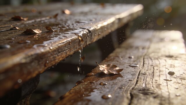 Highlighting single curled brown leaf resting on lower bench plank, with water droplets, dripping