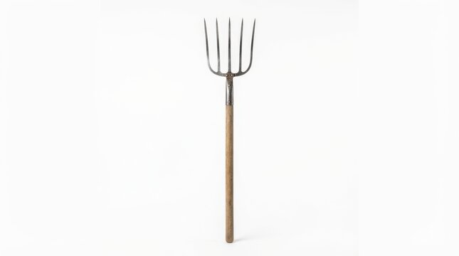 A traditional five-prong metal pitchfork with wooden handle isolated on white background