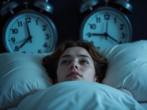 Person Lying Awake with Alarm Clocks. Insomnia Caused by Anxiety. Sleepless Night and Racing Thoughts. Time Pressure and Sleep Problems. Nighttime Stress Concept