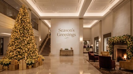 Naklejka premium Luxury hotel lobby decorated for Christmas with large tree and fireplace