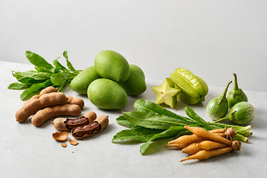Assortment of fresh Thai herbs and vegetables with tamarind raw mango starfruit and fingerroot on white stone surface
