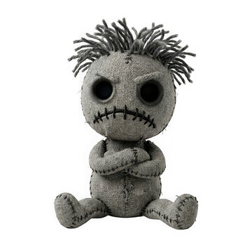 Creepy voodoo doll with stitched mouth and angry expression isolated on transparent background
