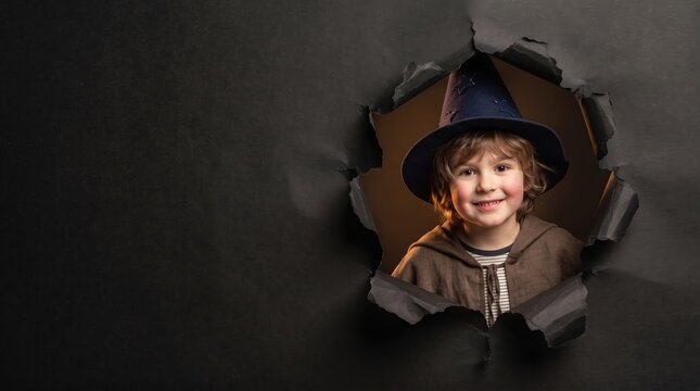 Smiling child in wizard costume peeking through torn black paper
