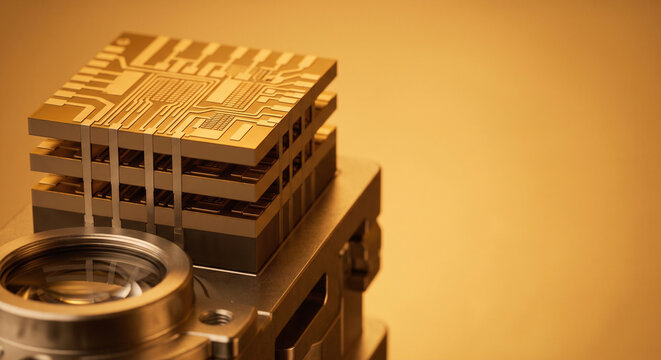 A high density 3d stacked ic die structure undergoes precise optical inspection inside a semiconductor cleanroom laboratory for advanced chiplet manufacturing