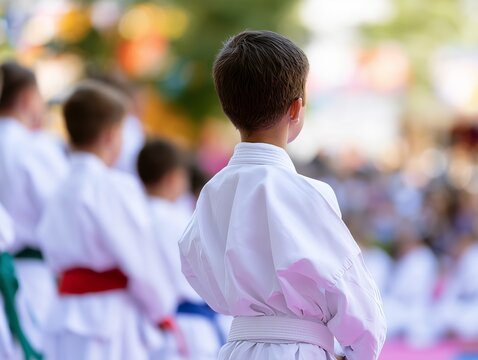 Young children in white karate uniforms participate in an outdoor martial arts demonstration on a sunny day.