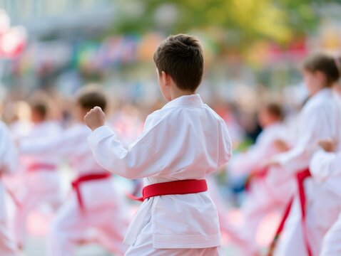 Children in white uniforms practice karate outdoors, focusing on martial arts techniques and discipline in a group setting.
