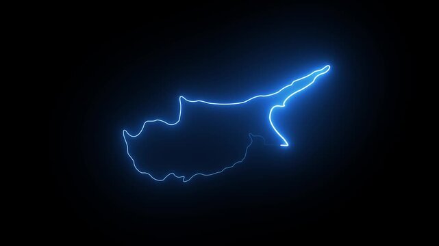 Glowing blue neon outline map of Cyprus country drawing on a black background loop