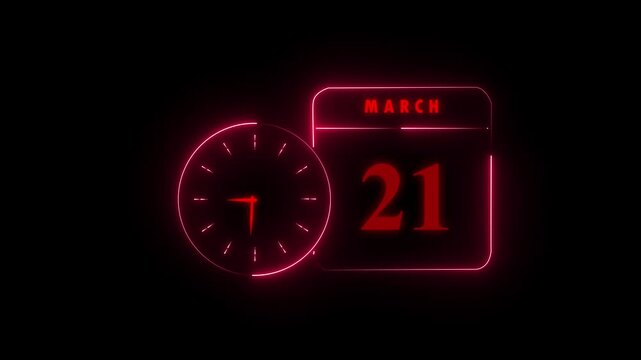 Red glowing clock and calendar showing march 21
