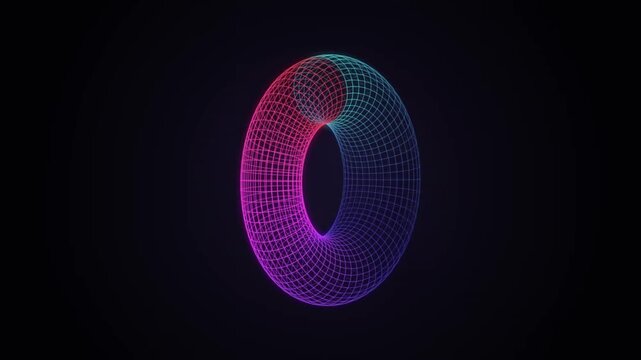 Colorful geometric torus shape with glowing wireframe design on transparent background