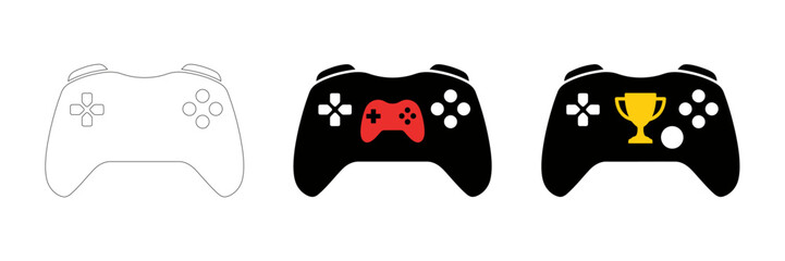 Minimalist game controller icons set, black and white gamepad vector illustrations, gaming trophy and esports symbols . © Visionary Stock