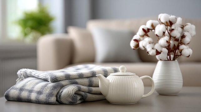 A serene arrangement featuring a white teapot, a cup of tea, and a cozy blanket alongside soft cotton branches
