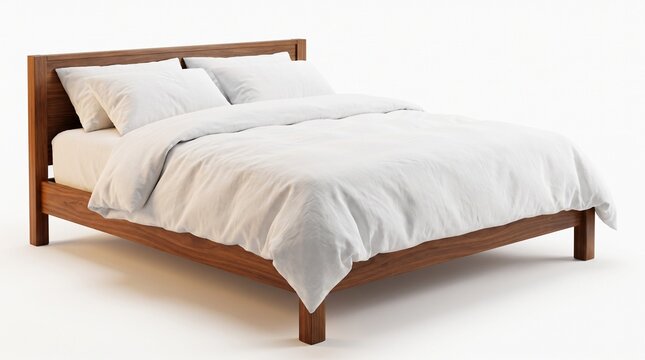 Modern wooden bed frame with white bedding isolated on a clean white