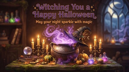 Fototapeta premium Halloween Banner with Witch Cauldron, Crystal Ball, Pumpkins, and Candles