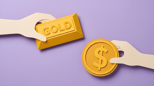 Paper craft hands exchanging a gold bar and a dollar coin on a purple background, representing investment, finance, and wealth management concepts