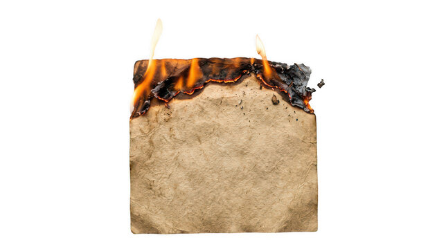 Aged vintage parchment paper with burning edges and flickering orange flames. 
