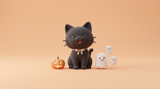 Cute black cat with bow and friendly ghosts for Halloween on orange background
