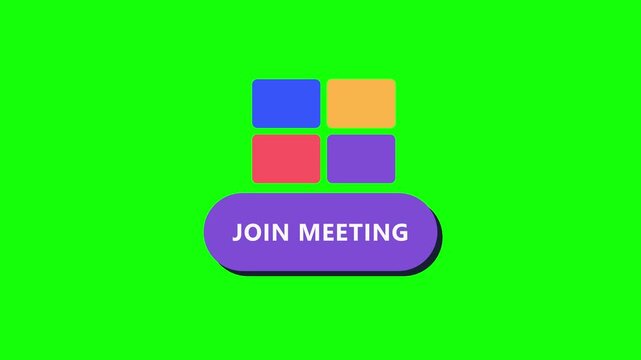 Animated join meeting button with online conference icons of people and colorful grid on green screen plus dark and light versions. Flat motion graphic for webinars, virtual events, and remote work.