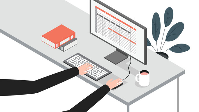 Isometric office desk top view with hands typing on keyboard, computer monitor with spreadsheet, coffee cup and folder, workplace, flat vector illustration