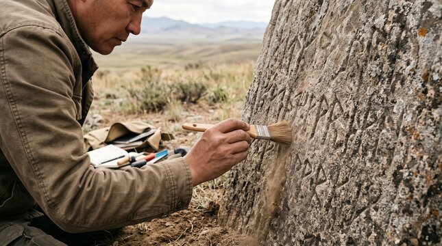 Archeologist using soft brush to clean ancient runic inscriptions on stone stele in outdoor field depicting epigraphy research and heritage conservation