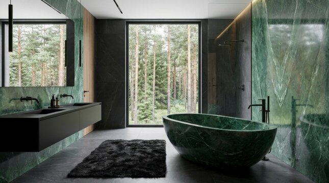 Modern bathroom interior with green marble walls and freestanding bathtub, large windows overlooking a forest, and dark fixtures, concept of luxury and modern living and design of modern luxury and lu