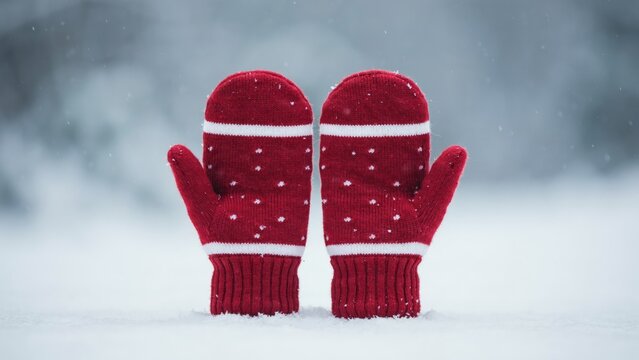 Pair of red knitted wool mittens with white stripes and snowflakes, standing upright in fresh white snow against a blurred winter background
