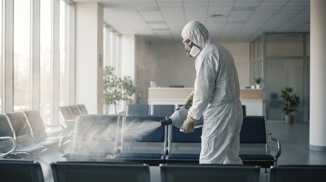 Disinfection worker wearing hazmat suit and respirator spraying disinfectant fogger in hospital waiting room depicting public sanitation and virus prevention