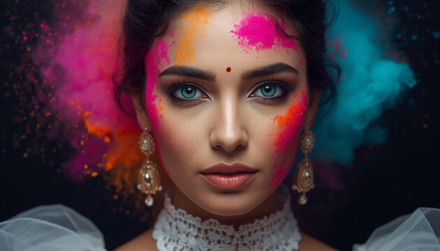 Beautiful woman portrait with colorful powder splashes on face for holi festival concept creative artistic lifestyle background
