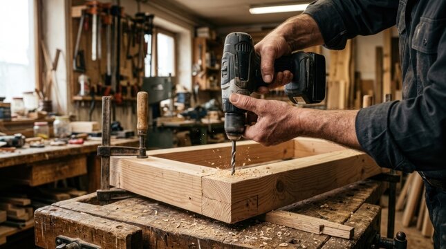 Male hands using electric power drill on wooden frame.