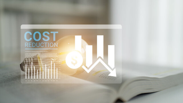 This image visually represents cost reduction in business using a lightbulb, financial charts, and an open book, symbolizing knowledge and innovation for effective strategies. Ledger