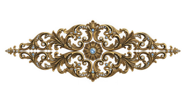 Ornate gold metal cartouche architectural molding ornament with blue and white gems isolated on transparent background