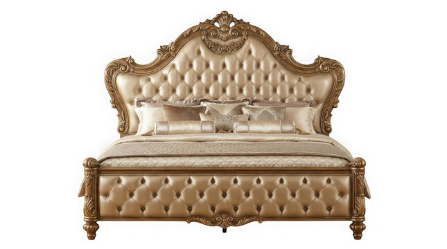 Luxury ornate king size bed with tufted headboard and footboard in a classic vintage style isolated on transparent background