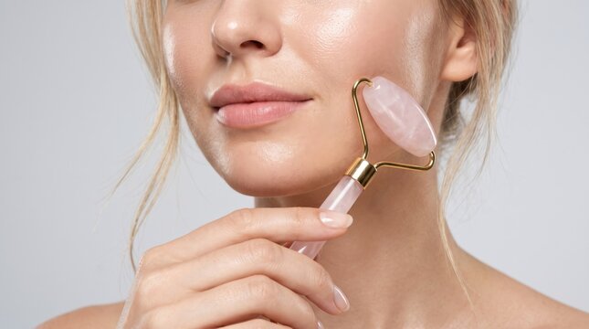 Woman using a pink rose quartz facial roller on her cheek, representing skincare routine, facial massage and anti-aging beauty treatment