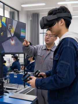 Instructor Guiding Student in Virtual Reality Welding Simulation Training