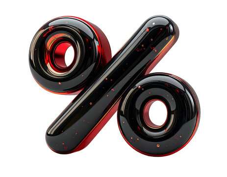 A glossy, three-dimensional percentage sign with a reflective red and black finish, featuring subtle golden specks within its surface on a transparent isolated background, PNG
