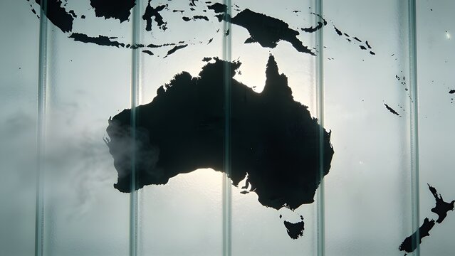 Showing black Australia map and islands on frosted glass backlit in lobby, seams, droplets, haze