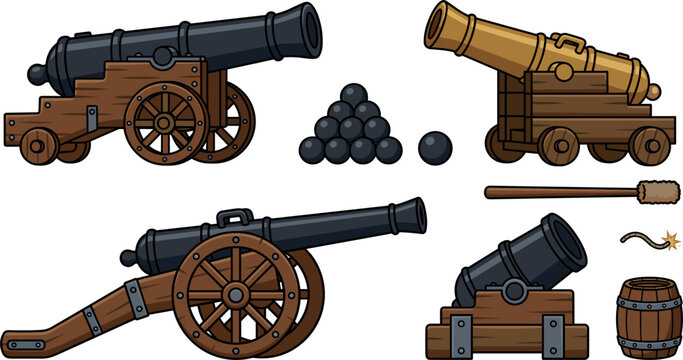 Antique cannon vector illustration set with medieval artillery weapons cannonballs gunpowder barrels and mortar elements for game design