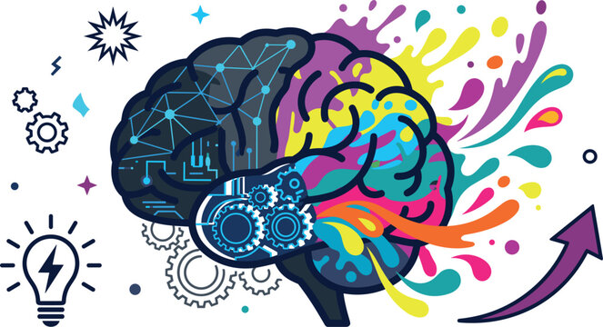 Human brain concept vector illustration representing left analytical logical side versus right creative artistic mind with colorful paint splashes