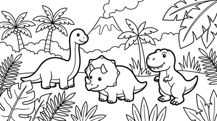 Happy cartoon dinosaurs a brontosaurus triceratops and tyrannosaurus rex in a prehistoric jungle coloring page © LOKMAN
