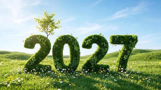 3d render of the year 2027 made of green grass and plants in a sunny meadow