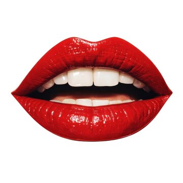 Close-up of glossy red lips with white teeth on a white background.