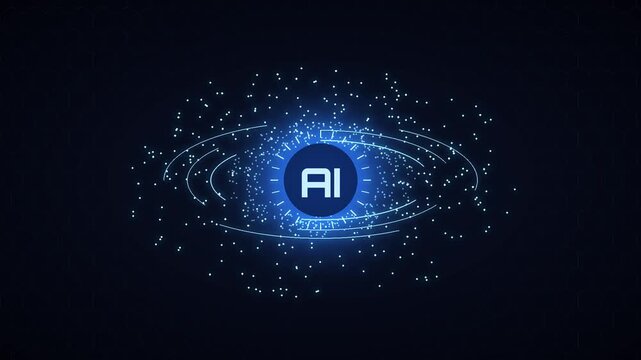 Artificial intelligence core loop, glowing AI energy orb with orbit rings and data particles, futuristic machine learning technology concept, blue digital background for tech and science video