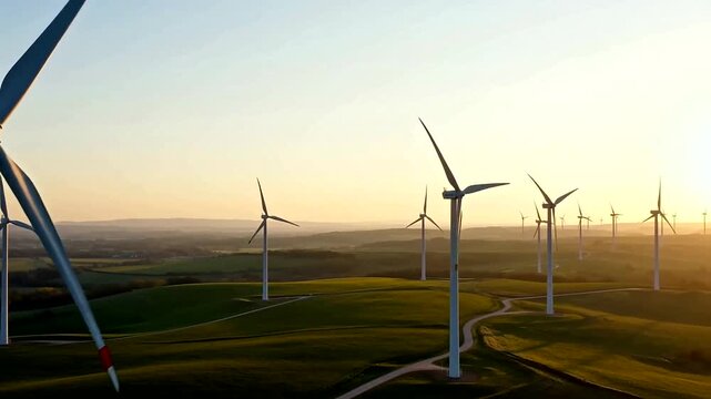 Wind turbines generating renewable energy across green hills at sunrise