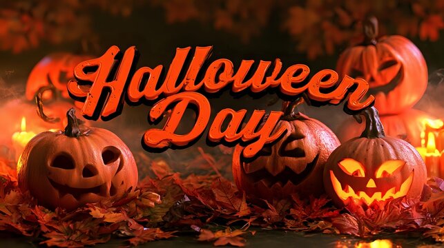 Halloween Day background featuring pumpkins surrounded by autumn leaves, candlelit accents, gentle mist, cinematic lighting, vibrant Halloween Day text