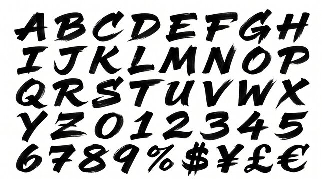 Expressive handwritten brush font featuring full alphabet, numerals, and currency signs for creative design