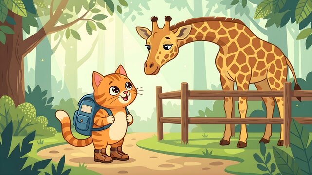 Cute orange cat character wearing backpack looking up at tall friendly giraffe in zoo
