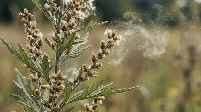 Mugwort plant releasing airborne pollen clouds for seasonal allergy awareness banner and environmental health background for medical and educational design