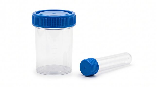 Medical sample container and laboratory test tube, empty plastic urine cup with blue screw cap, clinical diagnostic testing equipment on white background