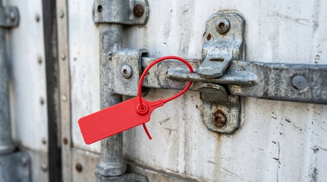 Cargo door seal tag on a trailer handle close up, secure shipping and supply chain security concept