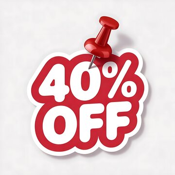Red sticker with forty percent off text held by a red pin on white background